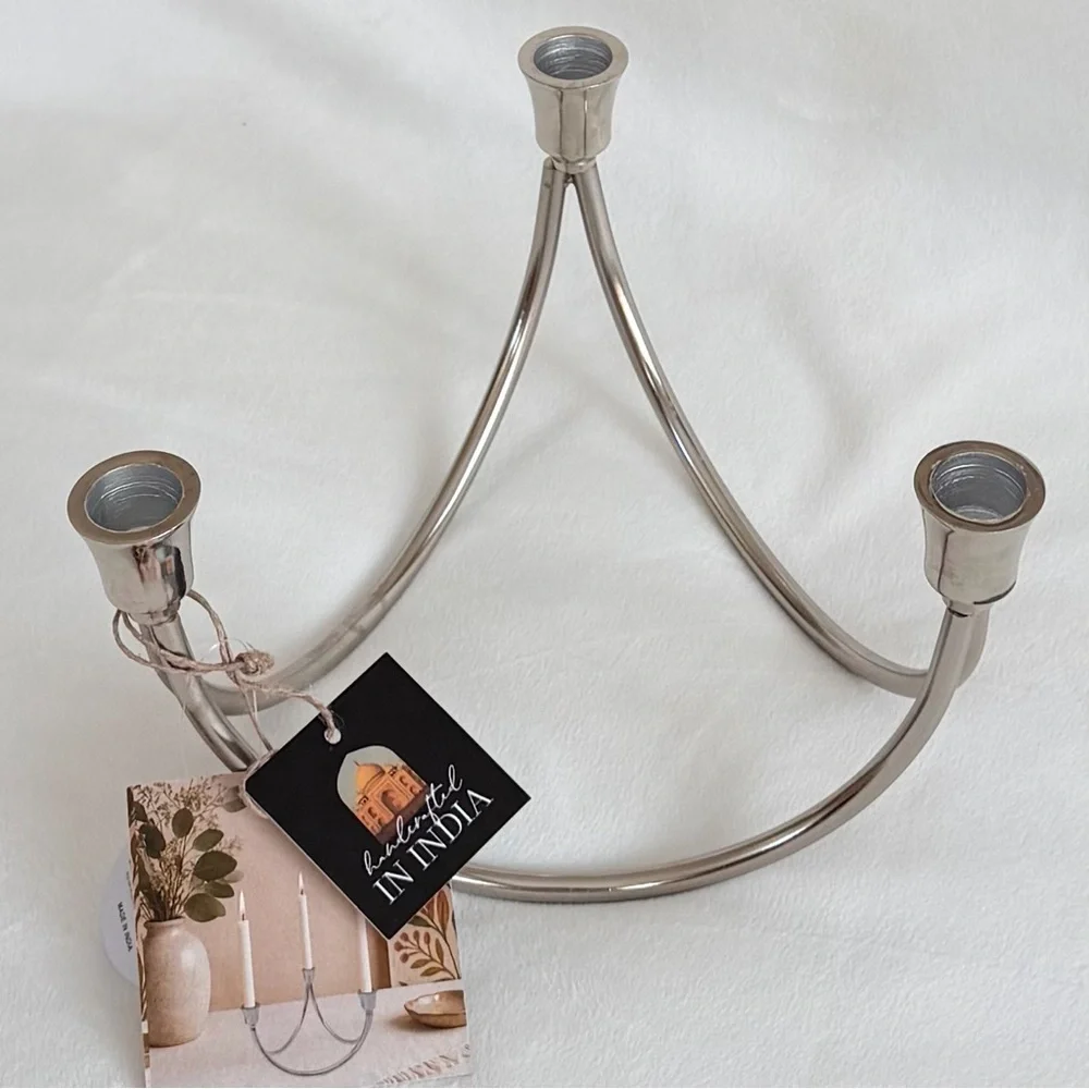 Modern Silver 3-Arm Candelabra Candle Holder, Made in India